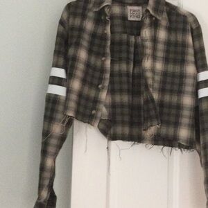 First Kind Cropped Plaid Button-Up with Sleeve Stripes